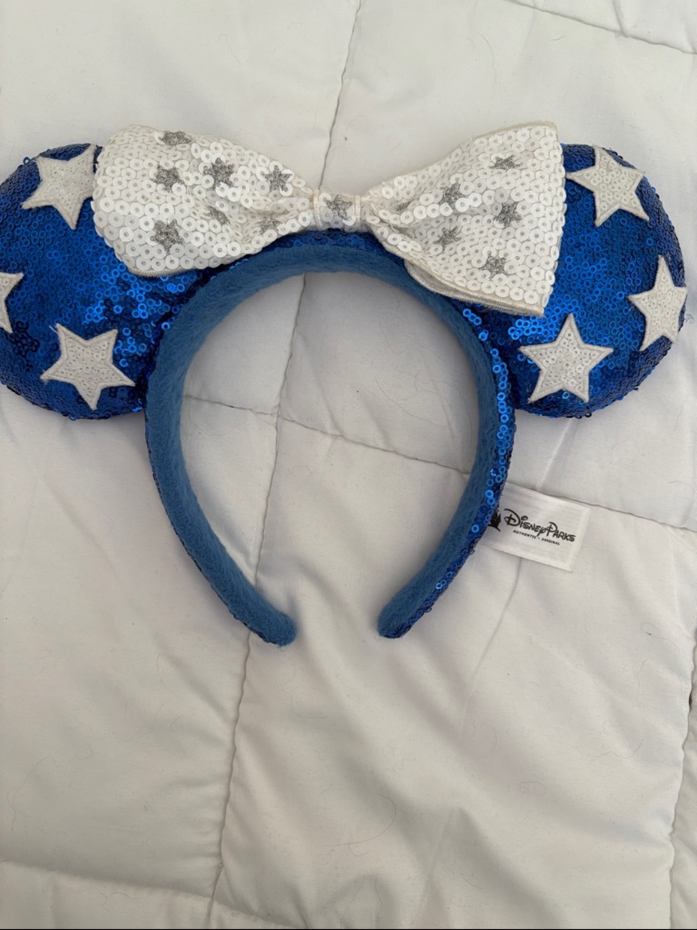 Disney Parks Blue Sequin Star Minnie Ears Headband with White Bow